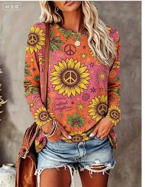 Women'S Fashion Q - Women Long Sleeve T‑Shirt Hippie Daisy