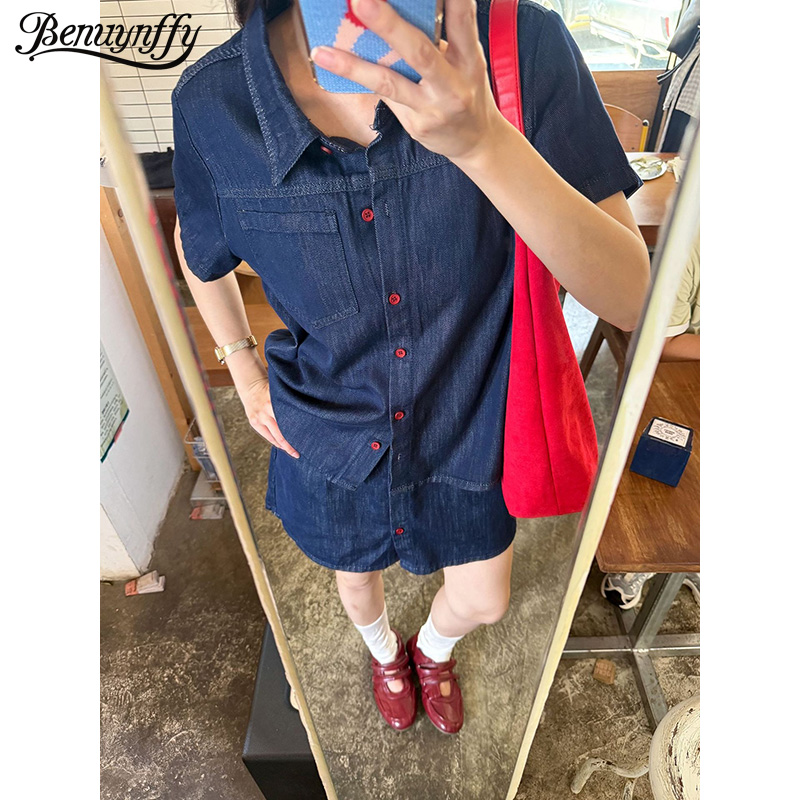 Benuynffy Retro Short Sleeved  - Women Fashion Jeans Top recension och pris